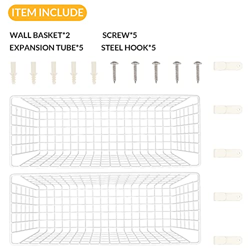 KINLINK 2 Sets Extra Large Hanging Wall Basket, White Metal Wire Baskets with Steel Hooks for Organizing, WallmountedFruit Vegetable Toy Snack Storage, Home Kitchen Bathroom Laundry Pantry Organizer - Image 4