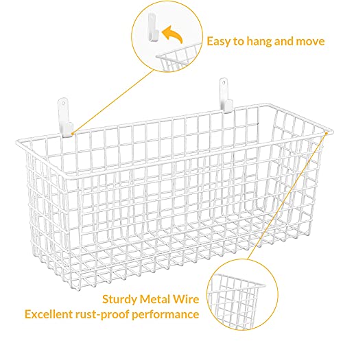 KINLINK 2 Sets Extra Large Hanging Wall Basket, White Metal Wire Baskets with Steel Hooks for Organizing, WallmountedFruit Vegetable Toy Snack Storage, Home Kitchen Bathroom Laundry Pantry Organizer - Image 3