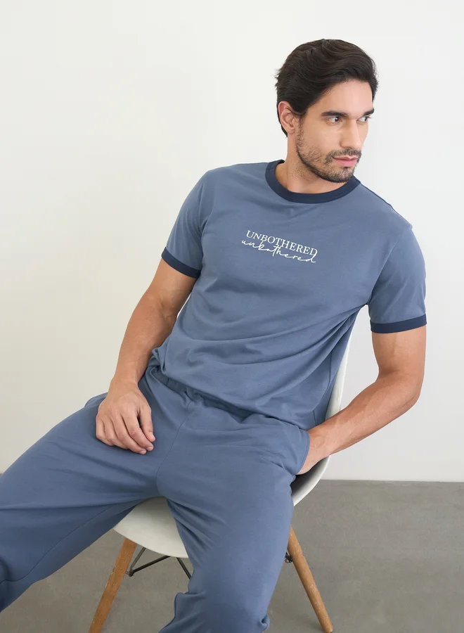 Styli Men Navy Blue Minimal Print T-Shirt and Solid Pyjama Pants Set