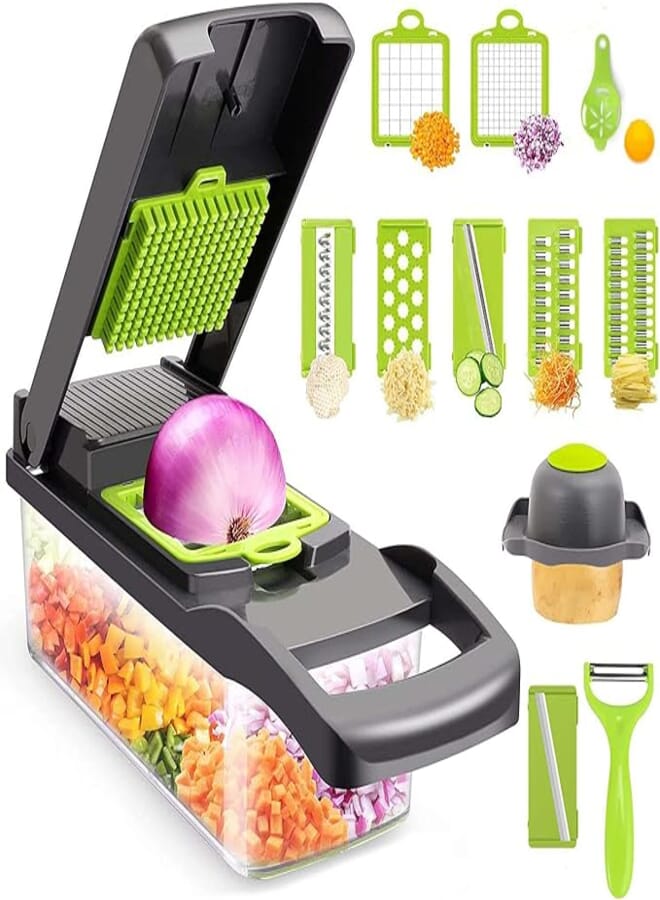 Arabest Vegetable Chopper, Multifunctional 13-in-1 Food Choppers Onion Chopper Vegetable Slicer Cutter Dicer Veggie chopper with 8 Blades,Colander Basket,Container for Salad Potato Carrot Garlic