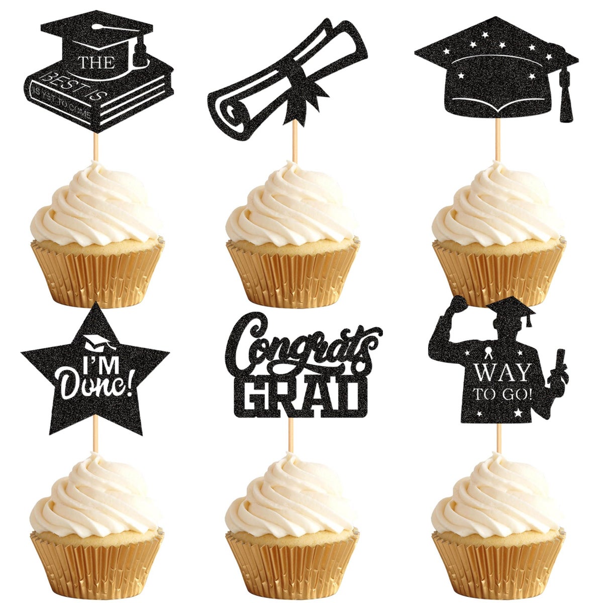 Ercadio Ercadio 30 Pack 2025 Graduation Cupcake Toppers Glitter Black ...
