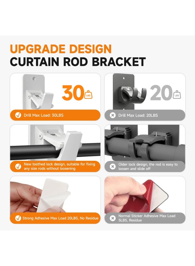 RAHAYM Universal Curtain Rod Holders, No Drill Curtain Rod Brackets, Self Adhesive Curtain Rod Brackets Up to 30 LB, Nail Free Curtain Rod Hooks for Bathroom, Bedroom, Livingroom, Kitchen (2PC, White) - Image 5