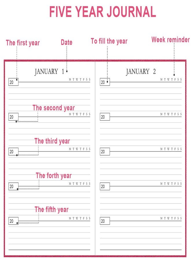 Tuun Fuplan Hard Cover 5 Year Journal | The Easiest to Use Five Year Journal | Quick and Easy Five Year Memory Notebook | 5.8'' x8.3'', Pink - Image 3