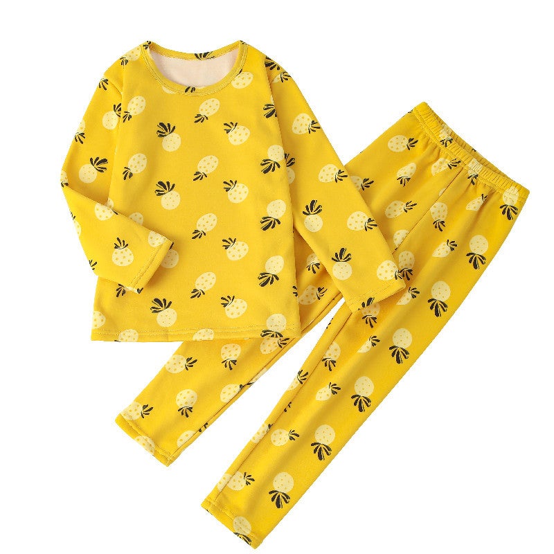 Kids Warm Velvet Cotton Underwear Set Yellow pineapple (fleece-lined) 