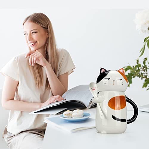 Deceram Large Cute Ceramic Coffee Mug with Lid and Spoon Fun Cat Cup for Women Ladies Unique 3D Kawaii Cat Coffee Mugs Lover Mom Gift Animal Funny Christmas Cups Adorable Porcelain Girls Novelty Mug - Image 2