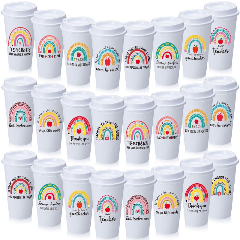 Skylety 24 Pcs Teacher Appreciation Gifts Bulk Thank You Teacher Gifts 16 oz Coffee Cups with Lids for Preschool Daycare Kindergarten Back to School WhiteCute Rainbow - Image 2