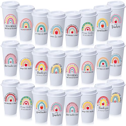 Skylety 24 Pcs Teacher Appreciation Gifts Bulk Thank You Teacher Gifts 16 oz Coffee Cups with Lids for Preschool Daycare Kindergarten Back to School WhiteCute Rainbow - Image 1