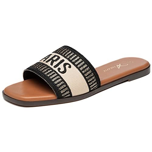 Athlefit Women's Slides Summer Fashion Slip On Flat Sandals Dressy Black Multi Size 5.5 - Image 1