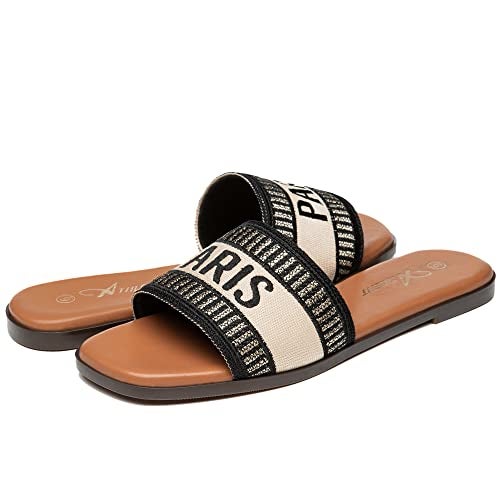 Athlefit Women's Slides Summer Fashion Slip On Flat Sandals Dressy Black Multi Size 5.5 - Image 5