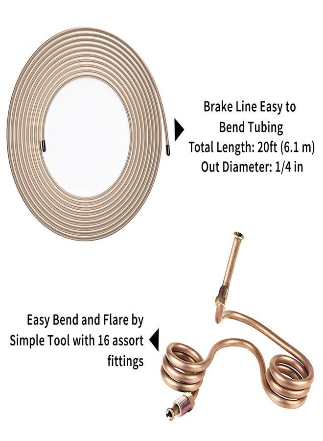 MuHize Brake Line - Copper-nickel 1/4 Inch Brake Line with 16 fittings and 4 Flared Tubes(2 Bubble Flared and 2 Double Flared), 20 Ft. of Brake Line Replacement Kit with Brass Compression Unions - Image 4