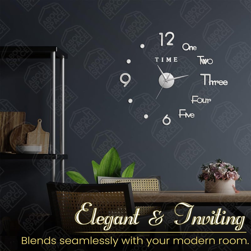 ABOUT SPACE Wall Clock,DIY Wall Sticker Clock Self Adhesive,Non-Ticking,Frameless,Acrylic Analog Watch Adjustable Size for Living Room,Bedroom,Office(Silver,Numbers,Words,Dots),25cm,50cm - Image 5
