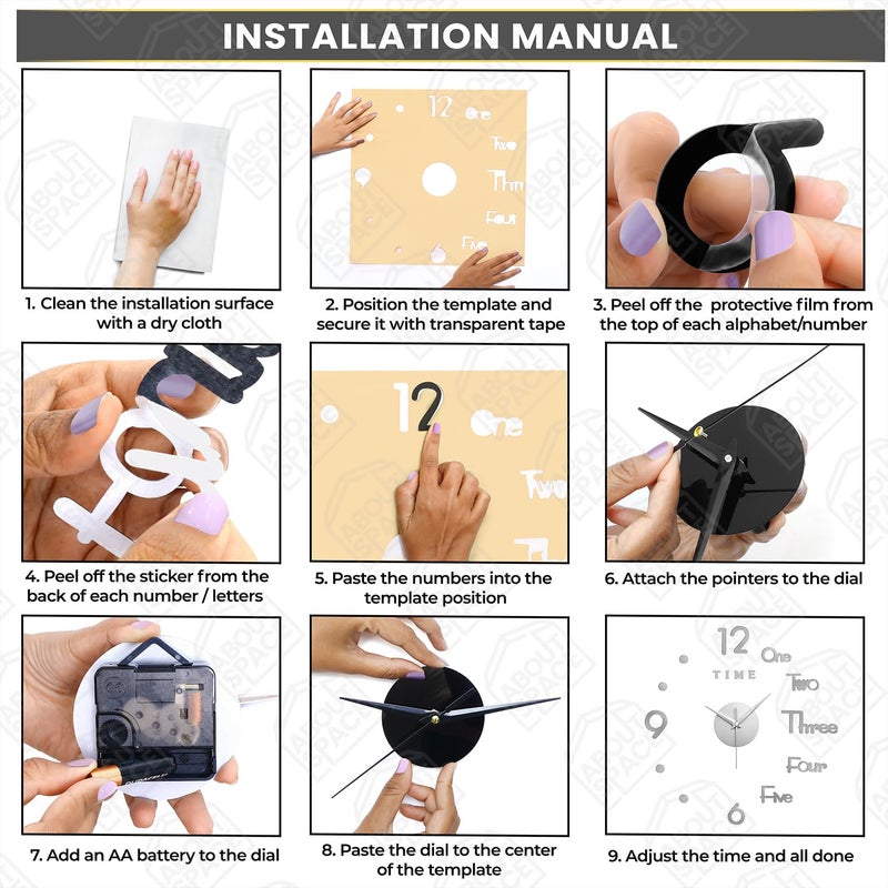 ABOUT SPACE Wall Clock,DIY Wall Sticker Clock Self Adhesive,Non-Ticking,Frameless,Acrylic Analog Watch Adjustable Size for Living Room,Bedroom,Office(Silver,Numbers,Words,Dots),25cm,50cm - Image 3
