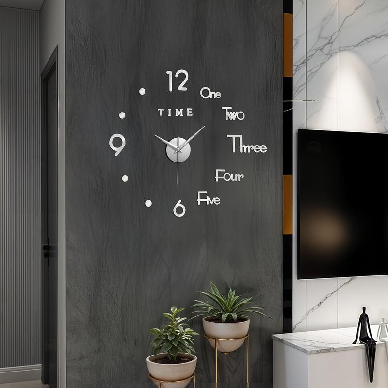 ABOUT SPACE Wall Clock,DIY Wall Sticker Clock Self Adhesive,Non-Ticking,Frameless,Acrylic Analog Watch Adjustable Size for Living Room,Bedroom,Office(Silver,Numbers,Words,Dots),25cm,50cm - Image 1