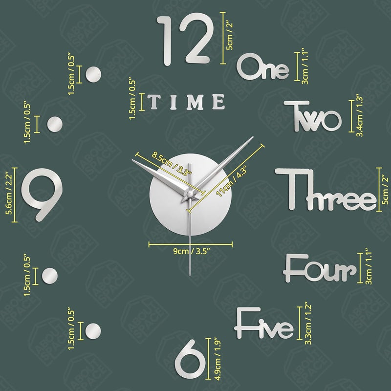 ABOUT SPACE Wall Clock,DIY Wall Sticker Clock Self Adhesive,Non-Ticking,Frameless,Acrylic Analog Watch Adjustable Size for Living Room,Bedroom,Office(Silver,Numbers,Words,Dots),25cm,50cm - Image 2