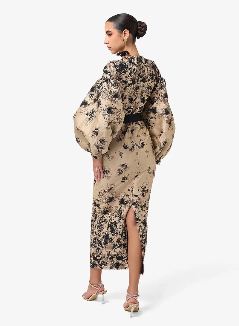 Threadz by Ajooni Puff Sleeve Belted Midi Dress