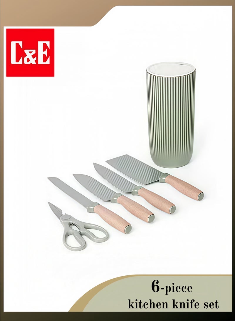 سي&إي طقم سكاكين مطبخ مع حامل سكاكين، طقم سكاكين مطبخ مكون من ٦ قطع، بمقابض خشبية، مصنوع من الفولاذ المقاوم للصدأ عالي الكربون، مزود بمقابض مريحة، مقاوم للصدأ، أخضر - Image 1