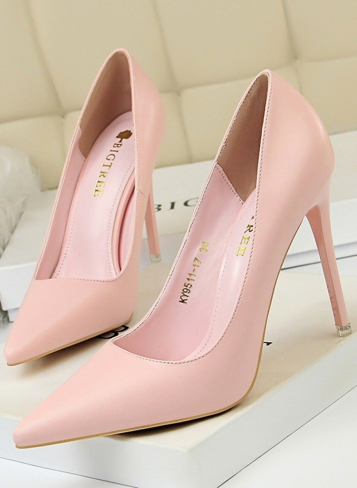 BIGTREE Women's Solid Color Elegant Stiletto Pumps 10.5CM Fashion Gorgeous Closed Pointed Toe Slip On Solid High Heels Pink