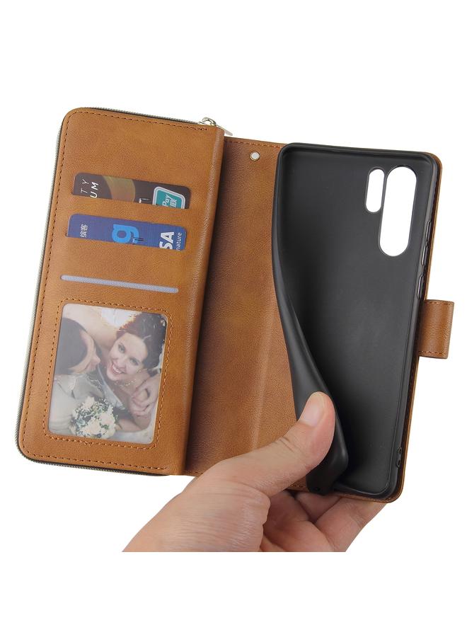 زبون جراب لهاتف Huawei P30 Pro، حقيبة محفظة بسحاب، جراب جلدي PU قلاب أفقي مع حامل و9 فتحات للبطاقات ومحفظة وحبل وإطار للصور - Image 4