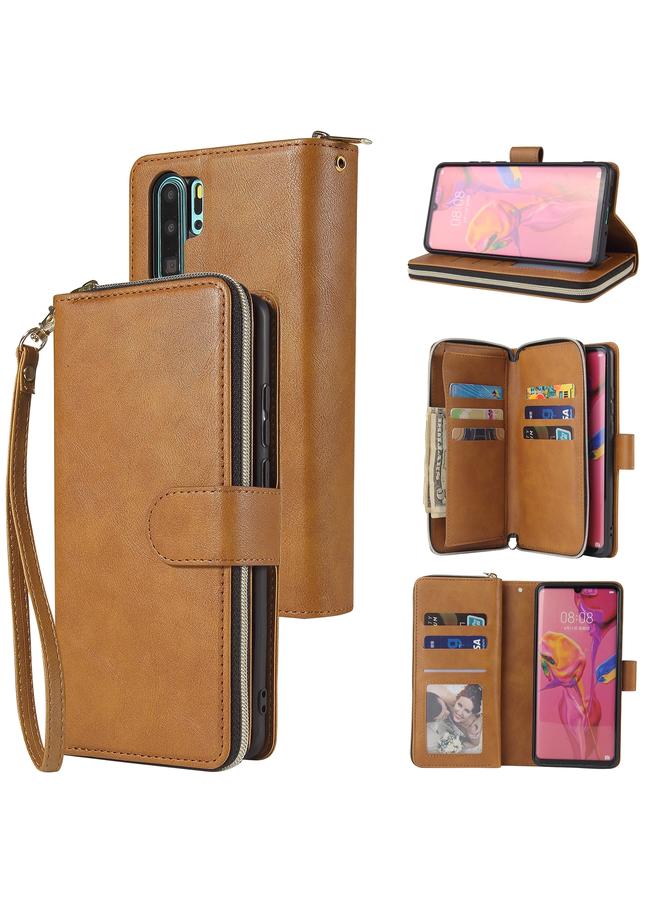 زبون جراب لهاتف Huawei P30 Pro، حقيبة محفظة بسحاب، جراب جلدي PU قلاب أفقي مع حامل و9 فتحات للبطاقات ومحفظة وحبل وإطار للصور - Image 1