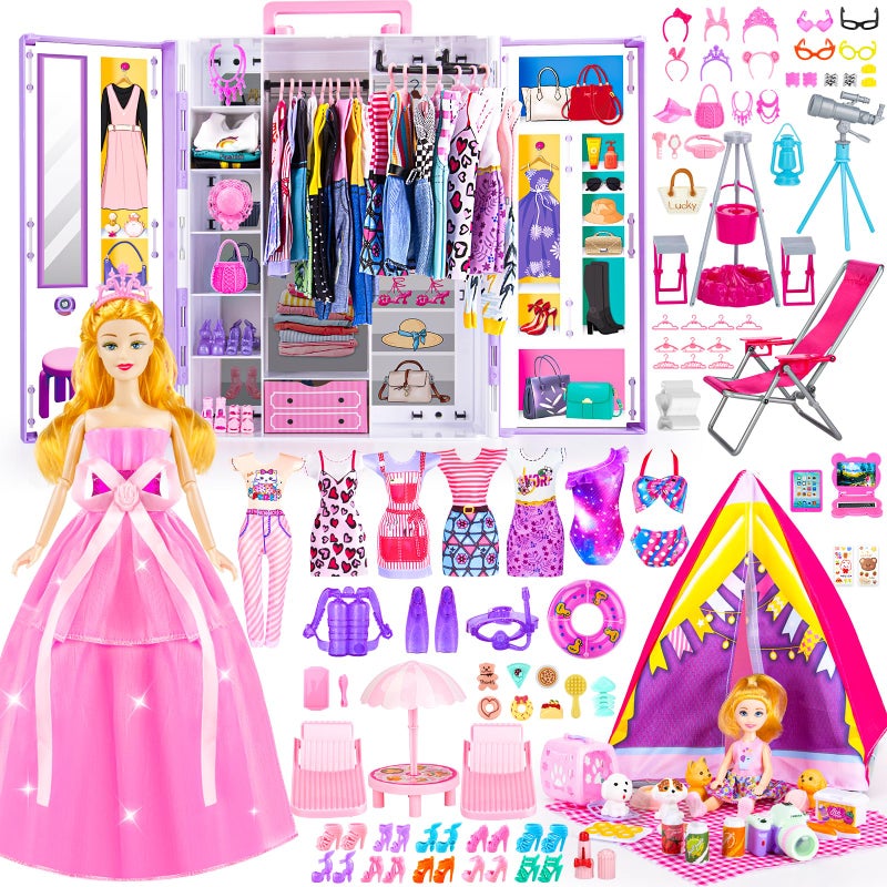 GORISPI 160 Pcs Doll Closet with 115 Inch Doll Clothes and Accessories Set Camping Set Princess Dresses Camping Tent Beach Swim Accessories Set Diving Suit Dress Up Toys for Girls Gift - Image 3