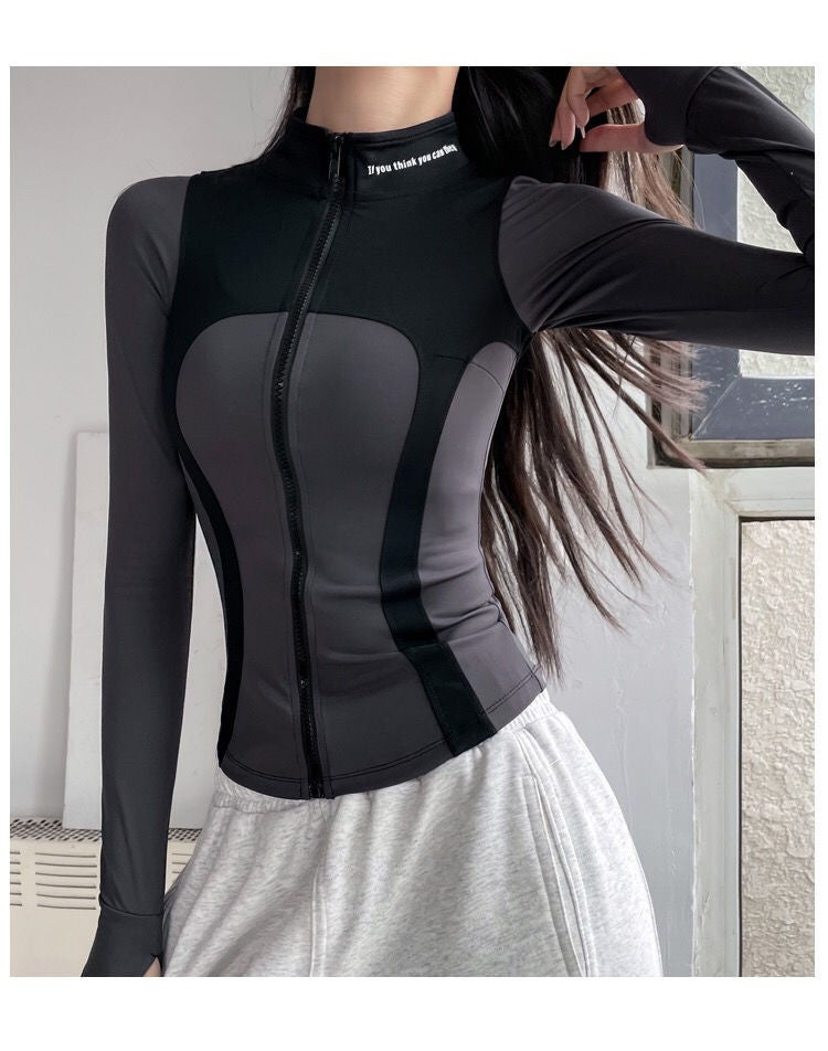 Generic Autumn and Winter Slim Stitching Sports Jacket Womens Tight-Fit Vertical Collar Zipper Fitness Jacket Stretch Top Yoga Clothes Long Sleeve Gray sleeve 