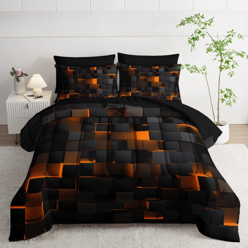 Nttopship Geometric Yellow Black King Comforter Set,Light Honeycomb Bedding Set 7 Piece in A Bag,Bed Sheet Set Geometry Decor,Microfiber Lightweight All Season - Image 1
