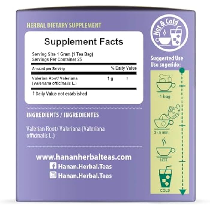 Hanan Peruvian Secrets Valeriana Herbal Tea | 100% Natural Valerian Root | 25 Tea Bags | Naturally Aids in Relieving Occasional Stress, Tension | Safely Promotes Sleep and Relaxation (Single Pack) - Image 2