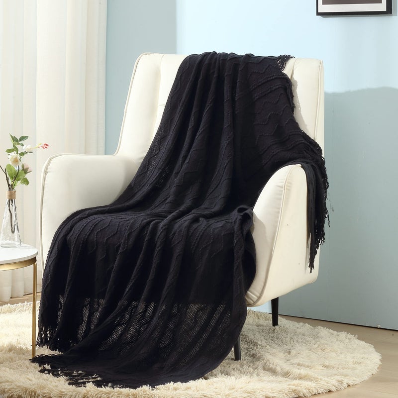 CREVENT Knitted Decorative Throw Blanket for Couch Sofa Chair BedSoft Warm Cozy Light Weight for Spring Summer 50X60 Black