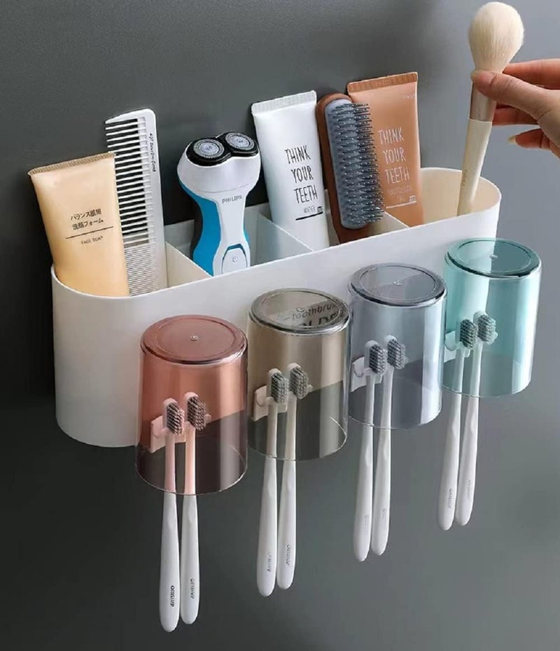 Apexx Toothbrush Holder with Adhesive, No-Drill Multi-Slot Organizer for Bathroom - Holds Toothbrushes, Toothpaste, Razor & Cup | Modern Plastic Storage Rack (4 Cup) - Image 1