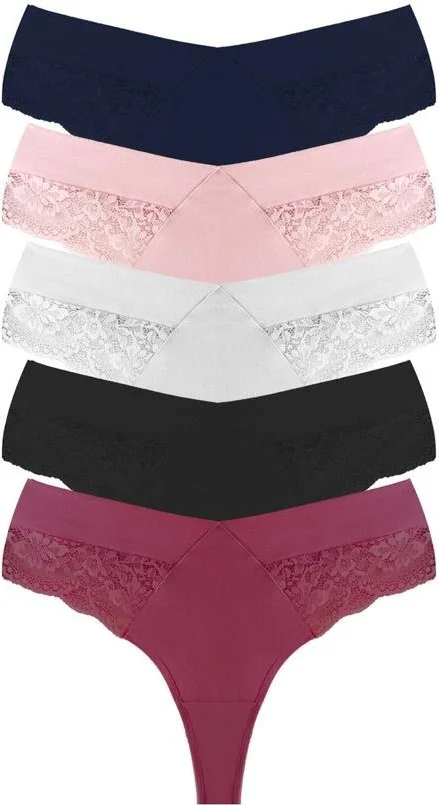 كوتن هيل Lace and Rubber Detailed Plus Size Women's Thong Panties 5 Pack