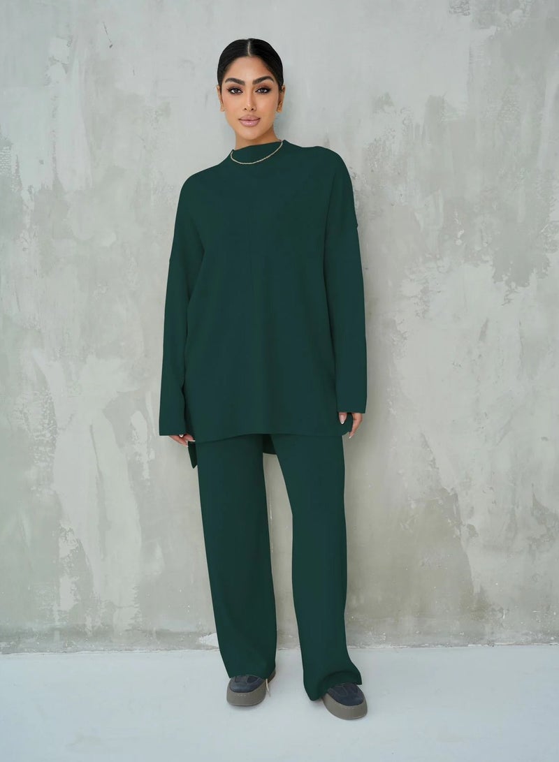 Andy Women's Premium Knitwear Set – Long-Sleeve Tunic Top with Wide-Leg Trousers | Elegant & Comfortable Two-Piece Outfit for Casual or Formal Wear - Dark Green