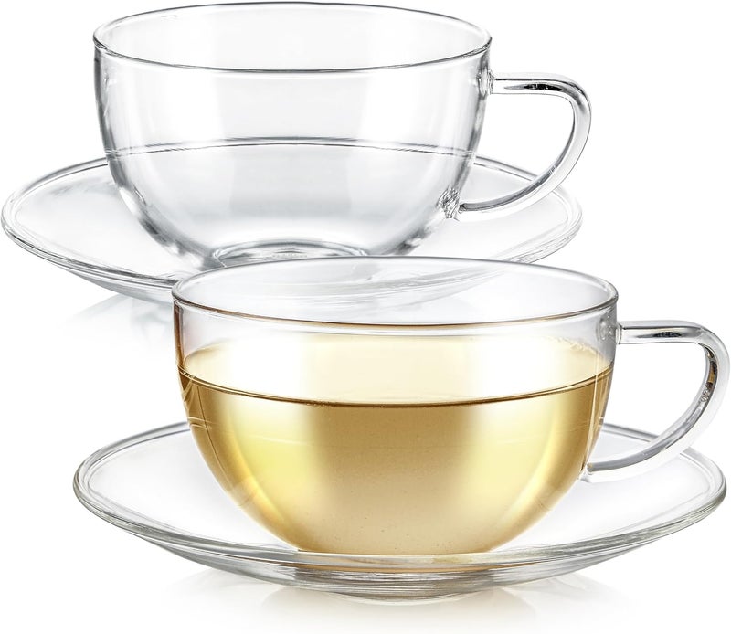 Teabloom Teabloom Kyoto Teacup and Saucer Set 2Pack  Large Size  12 OZ 350 ML Capacity  Crystal Clear Design  Premium Borosilicate Glass  Heat Resistant Microwave Safe  Glass Mug Set - Image 1