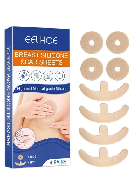 Silicone Scar Sheets, Reusable Washable Silicone Scar Tape, Surgery Scars Removal Treatment, Medical Grade Silicone Scar Sheets for Breast 4Pairs