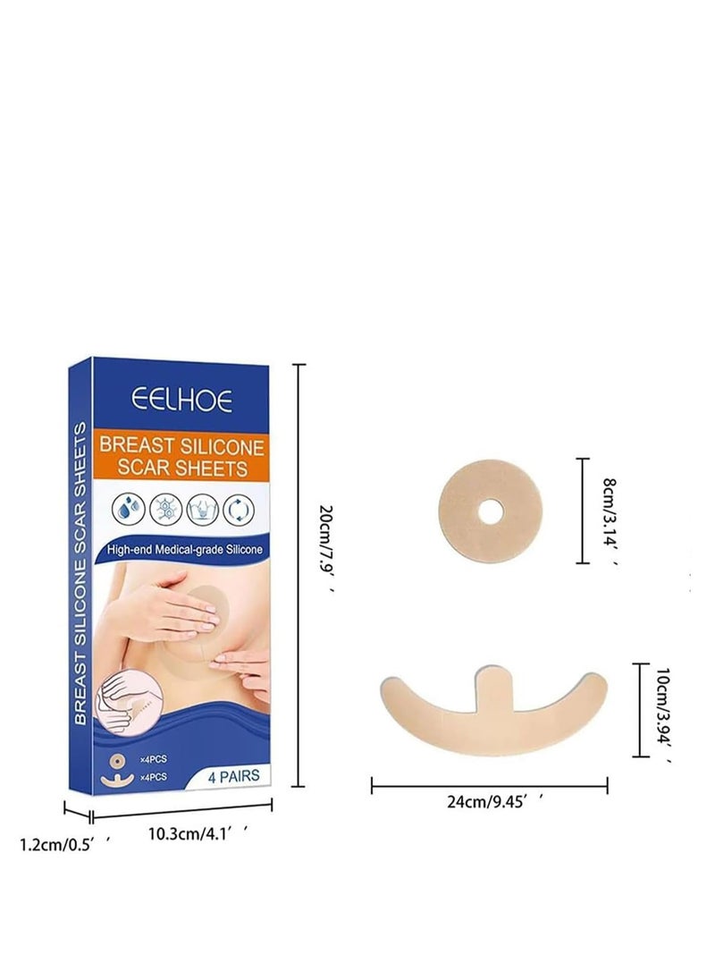 Silicone Scar Sheets, Reusable Washable Silicone Scar Tape, Surgery Scars Removal Treatment, Medical Grade Silicone Scar Sheets for Breast 4Pairs