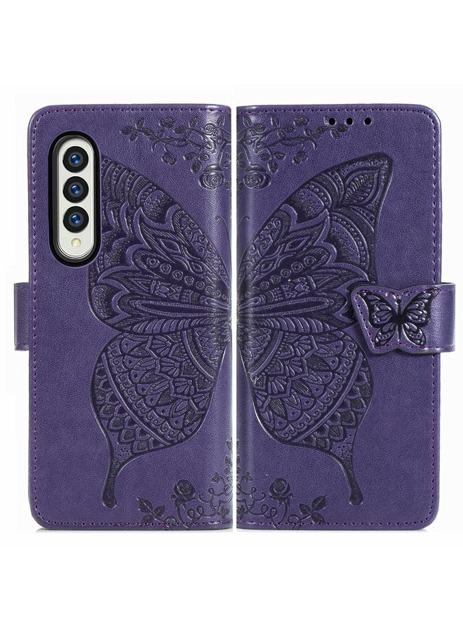 اس-توب جراب لهاتف Samsung Galaxy Z Fold3 5G، جراب جلدي أفقي منقوش عليه زهور حب الفراشات مع حامل وفتحات للبطاقات ومحفظة وحبل تثبيت - Image 2