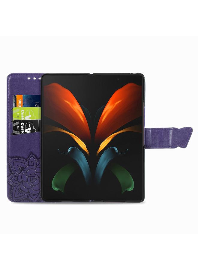 اس-توب جراب لهاتف Samsung Galaxy Z Fold3 5G، جراب جلدي أفقي منقوش عليه زهور حب الفراشات مع حامل وفتحات للبطاقات ومحفظة وحبل تثبيت - Image 4