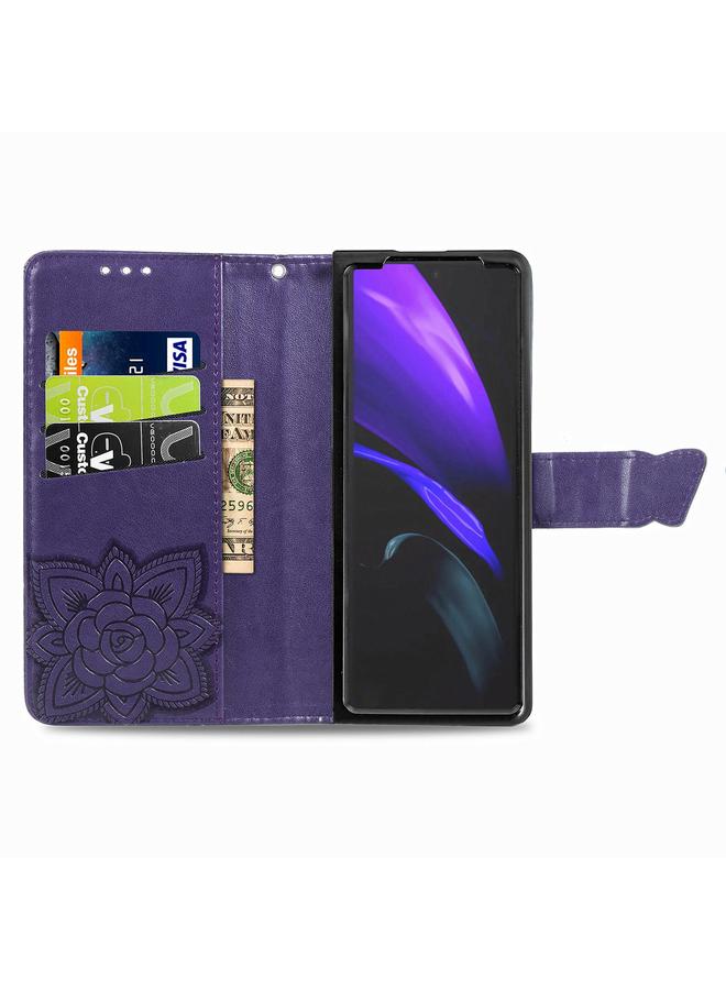 اس-توب جراب لهاتف Samsung Galaxy Z Fold3 5G، جراب جلدي أفقي منقوش عليه زهور حب الفراشات مع حامل وفتحات للبطاقات ومحفظة وحبل تثبيت - Image 3