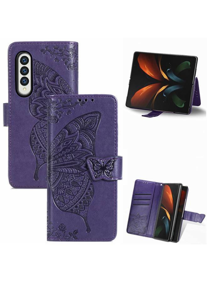 اس-توب جراب لهاتف Samsung Galaxy Z Fold3 5G، جراب جلدي أفقي منقوش عليه زهور حب الفراشات مع حامل وفتحات للبطاقات ومحفظة وحبل تثبيت - Image 1