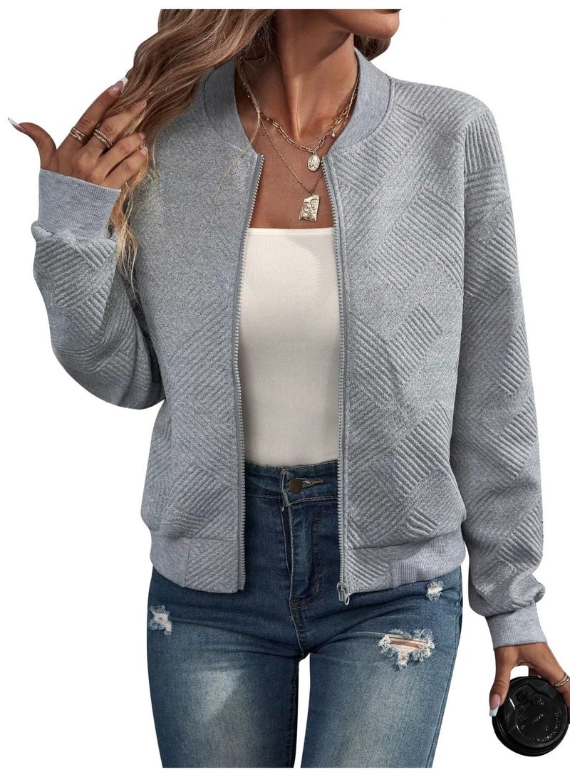 general Women's Cropped Knit Jacket with Zip Up Front and Long Sleeve Design Lightweight Baseball Coat with Loose Fit for Casual Layering - Image 1