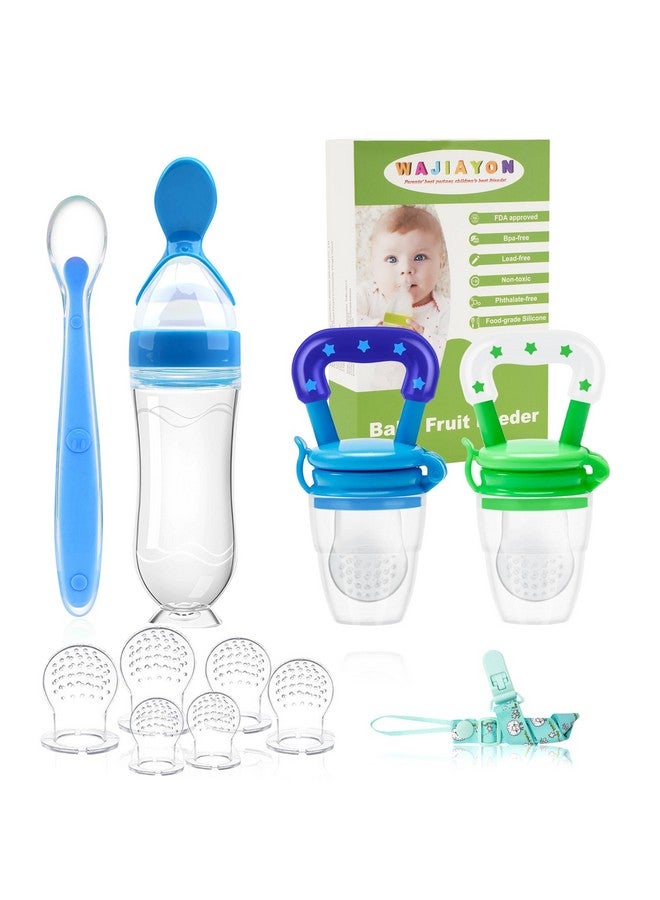 WAJIAYON Baby Fruit Feeder Pacifier - 5 Pack | 2 Baby Food Feeder Pacifier & 1 Infant Food Dispensing Spoon | Fresh Fruit Teethers for Babies | Shower Gifts for Boys and Girls (Blue & Green) - Image 1