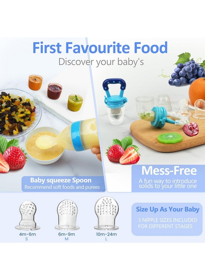 WAJIAYON Baby Fruit Feeder Pacifier - 5 Pack | 2 Baby Food Feeder Pacifier & 1 Infant Food Dispensing Spoon | Fresh Fruit Teethers for Babies | Shower Gifts for Boys and Girls (Blue & Green) - Image 2