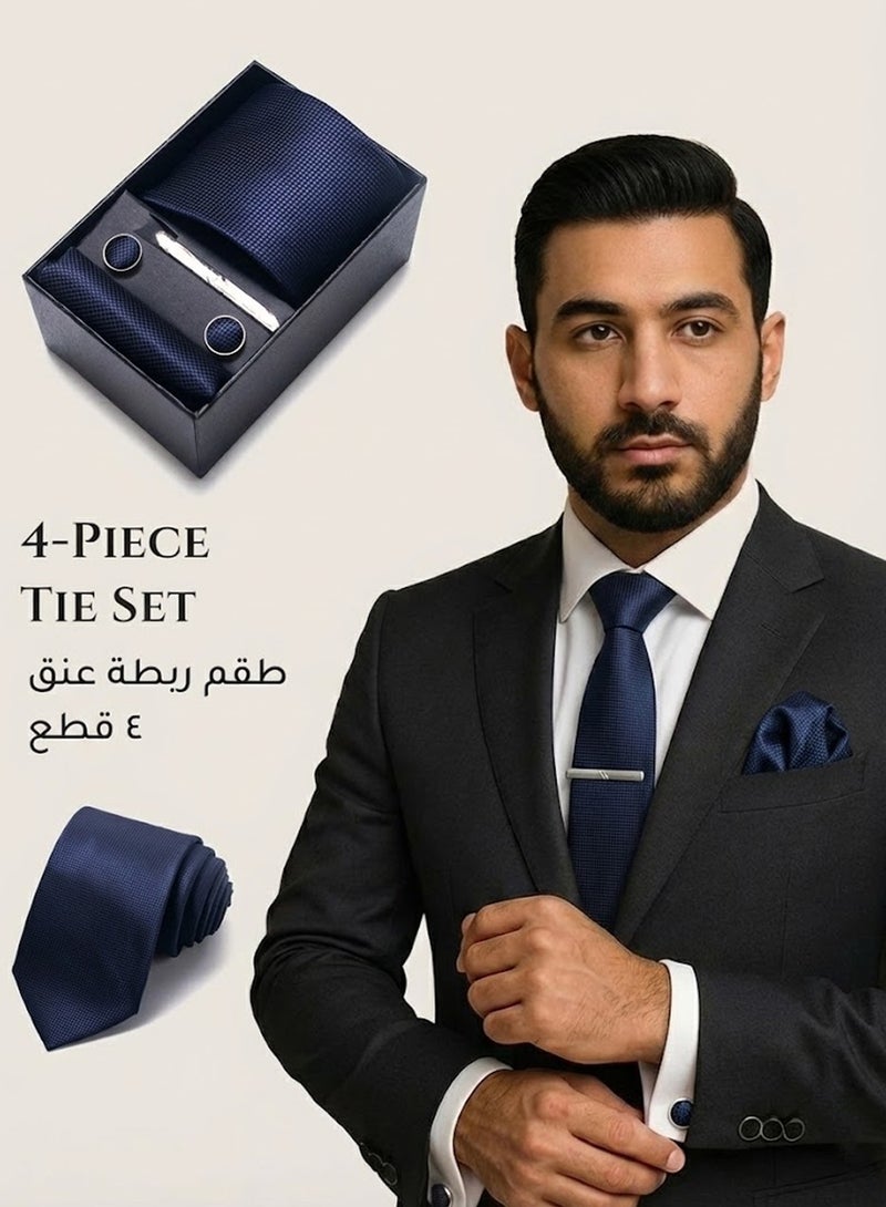 فوريكاسا طقم ربطة عنق رجالي من 4 قطع – تصميم أزرق بنقشة مربعات دقيقة مع ربطة، منديل جيب، أزرار أكمام، مشبك وعلبة هدايا - Image 1