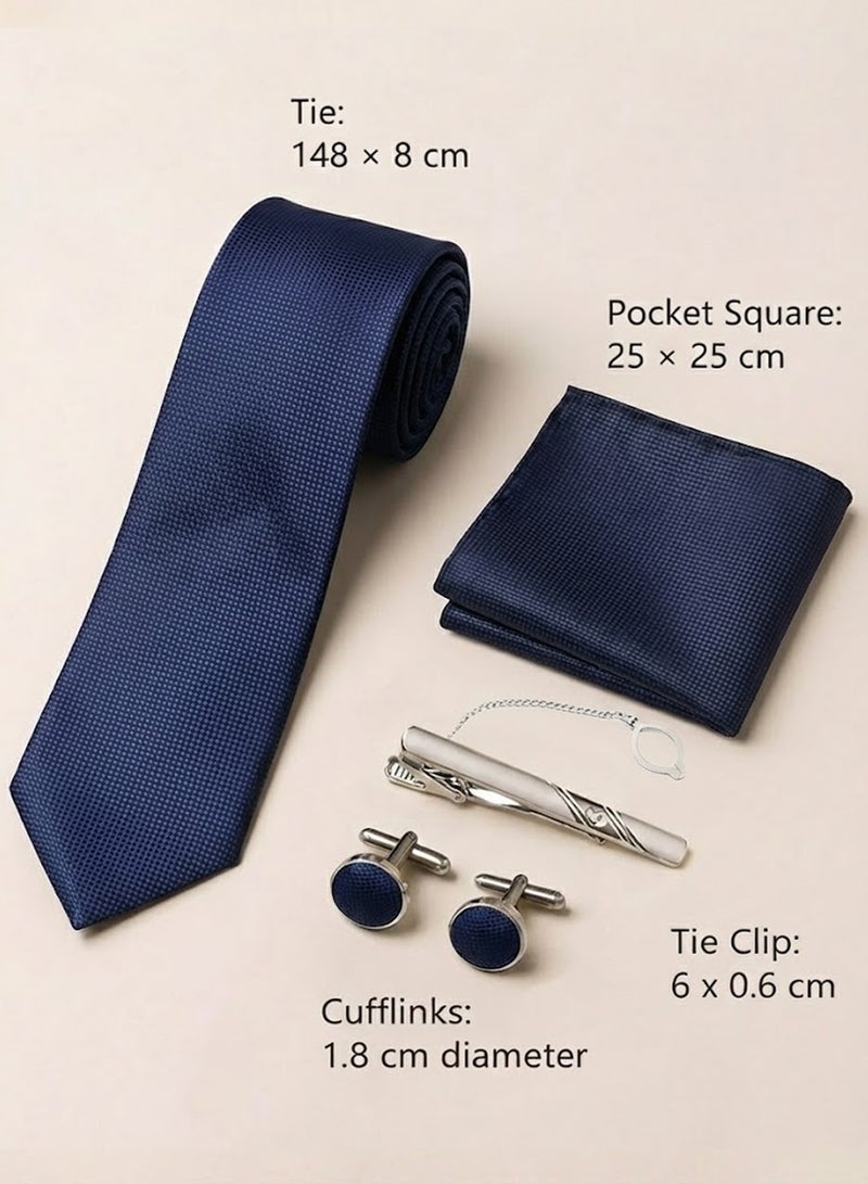 فوريكاسا طقم ربطة عنق رجالي من 4 قطع – تصميم أزرق بنقشة مربعات دقيقة مع ربطة، منديل جيب، أزرار أكمام، مشبك وعلبة هدايا - Image 3