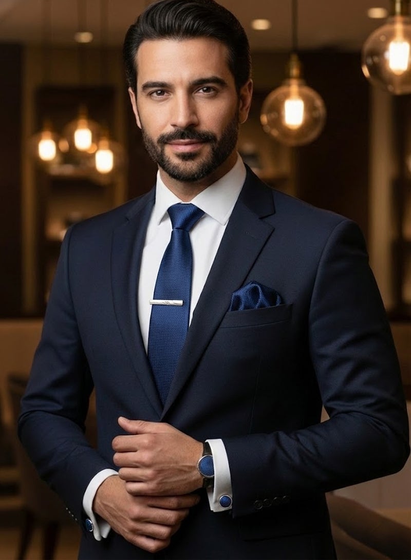 فوريكاسا طقم ربطة عنق رجالي من 4 قطع – تصميم أزرق بنقشة مربعات دقيقة مع ربطة، منديل جيب، أزرار أكمام، مشبك وعلبة هدايا - Image 4