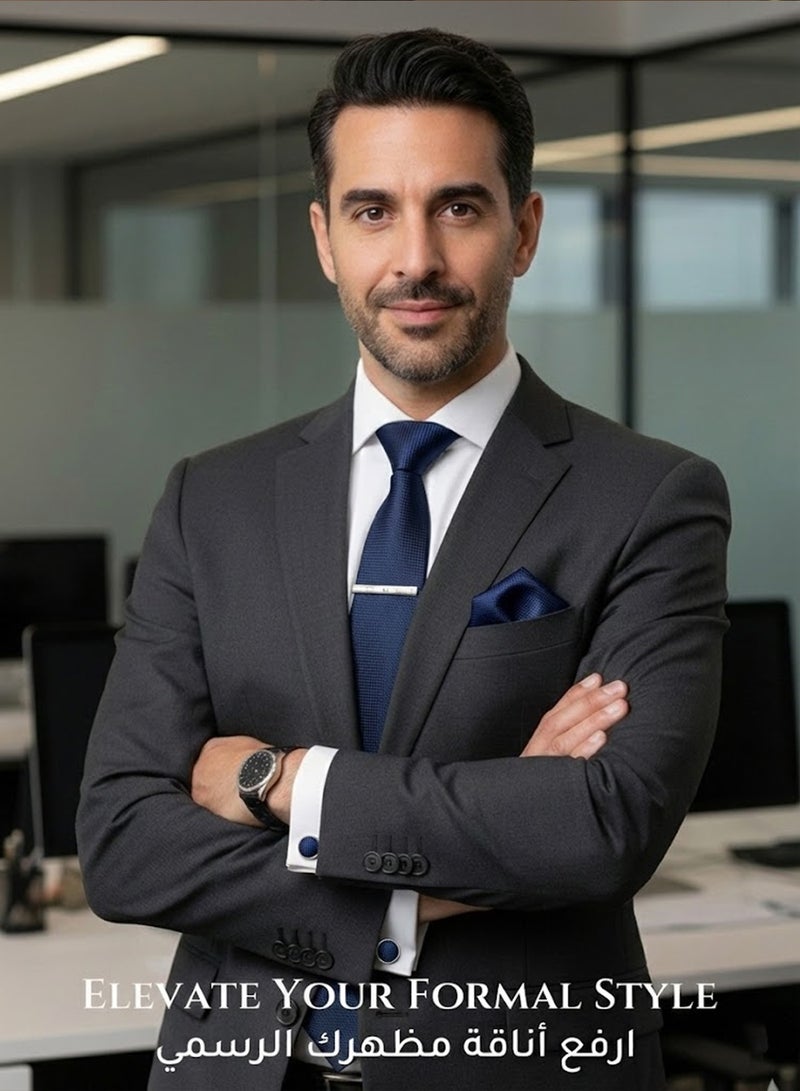 فوريكاسا طقم ربطة عنق رجالي من 4 قطع – تصميم أزرق بنقشة مربعات دقيقة مع ربطة، منديل جيب، أزرار أكمام، مشبك وعلبة هدايا - Image 5