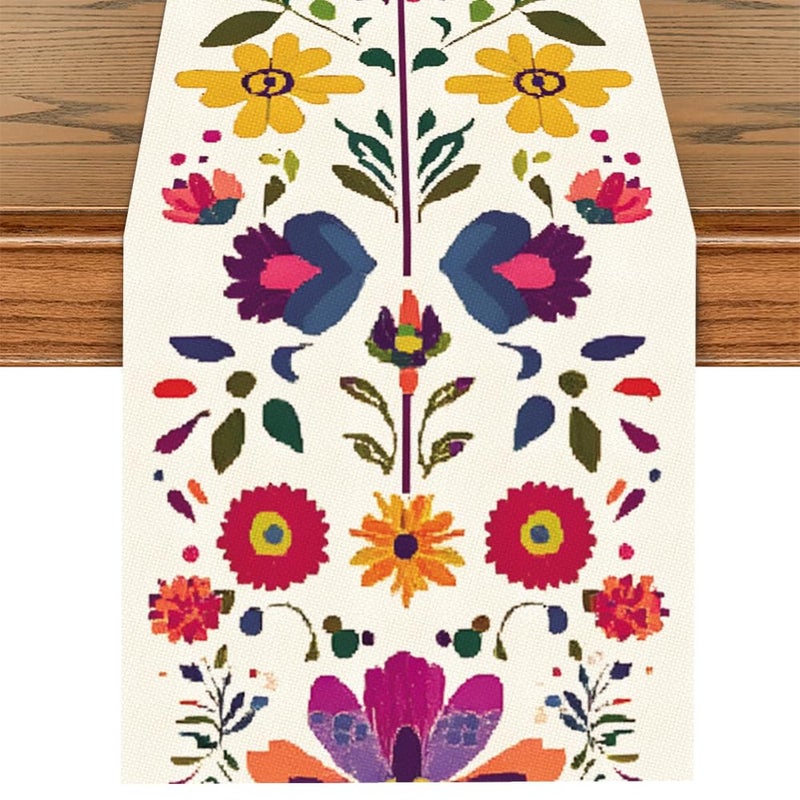 ANNA QUEEN Boho Floral Table Runner 13x72 Inch, Colorful Mexican Otomi-Style, Folk Art Table Decor for Dining Table, Fiesta Party, Kitchen, Wedding or Everyday Use - Image 1