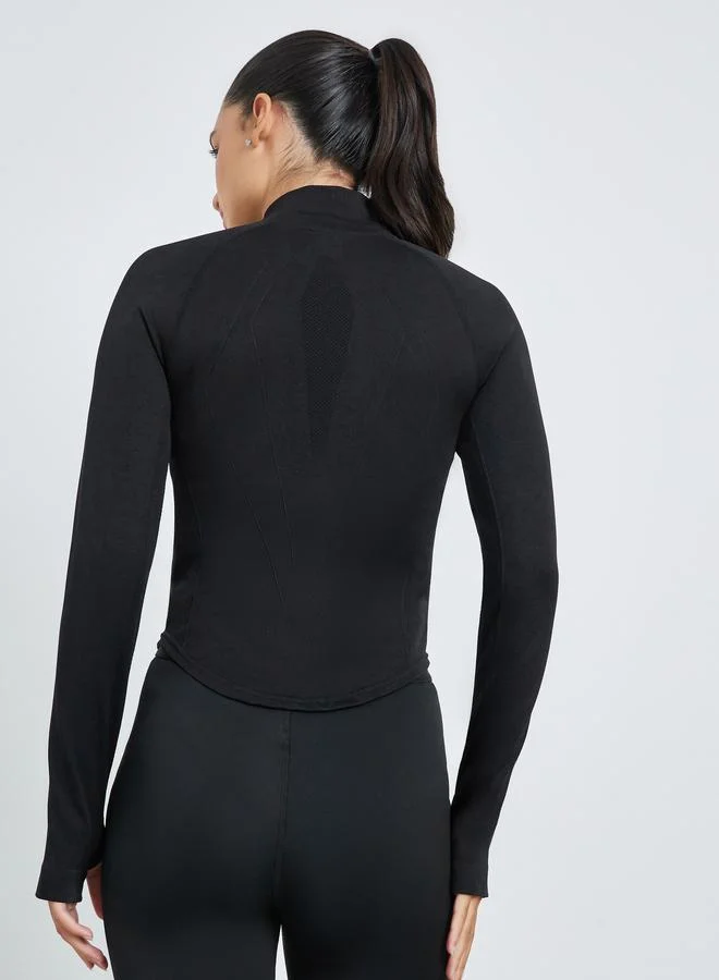 Styli Active  Black Contour Seam Detail Curved Hem Full Zip Up Jacket for Women | Best Price UAE