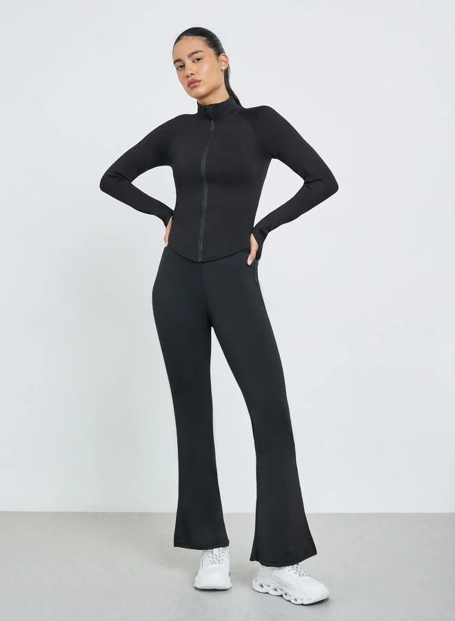 Styli Active  Black Contour Seam Detail Curved Hem Full Zip Up Jacket for Women | Best Price UAE