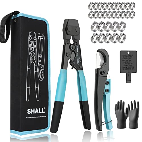 SHALL Pex Crimping Clamp Cinch Tool and Pipe Hose Cutter, Pipe Fitting Crimper Tool Kit Meets ASTM F2098 for 3/8" to 1" Stainless Steel Clamps Including 20pcs 1/2", 10pcs 3/4" Clamps With Storage Bag - Image 1