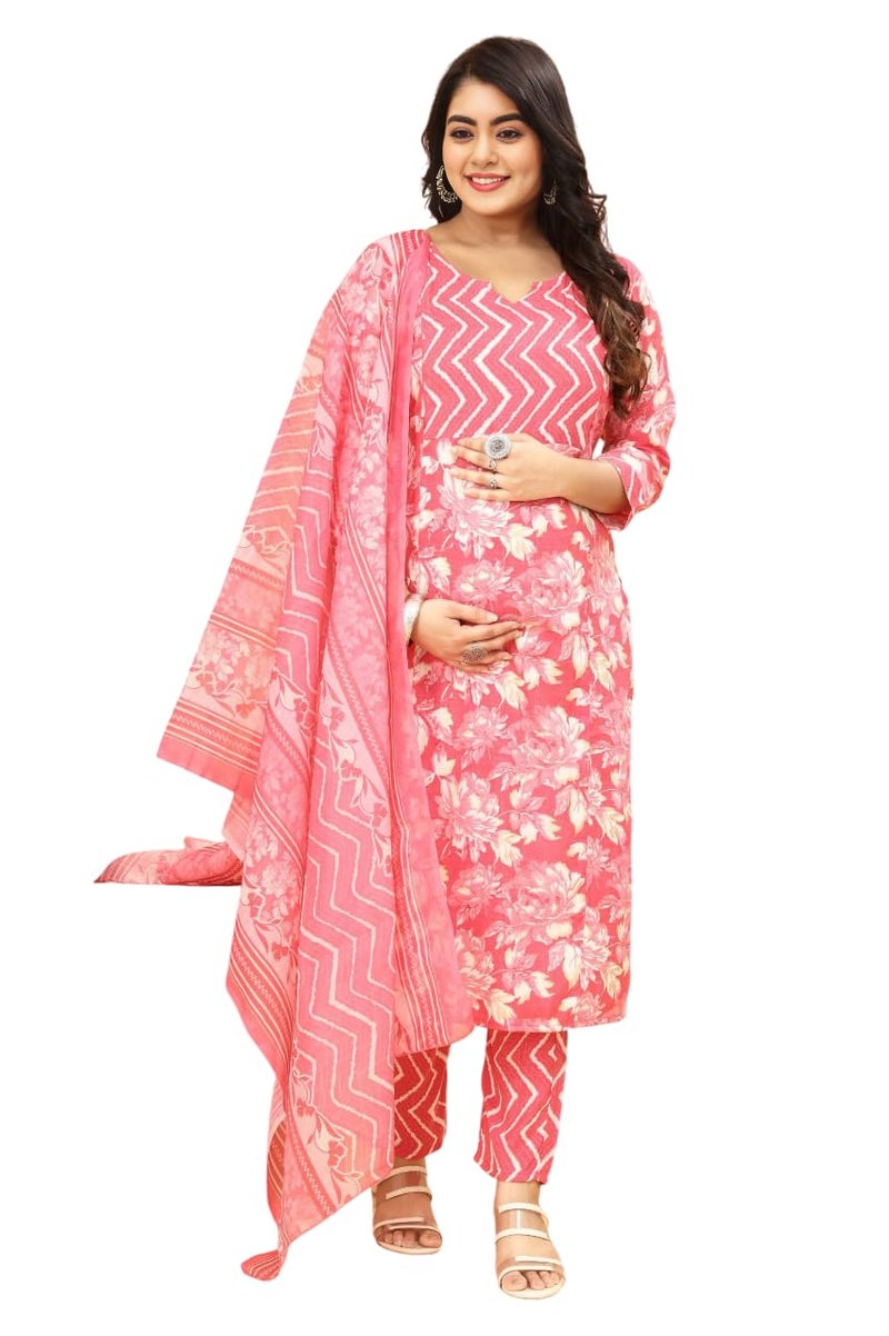 ASSUME FAB Women Maternity Kurta Set with Dupatta for Women | Nursing/Feeding Zip | Soft Rayon Ethnic Wear for Pregnancy & Postpartum(Large Pink - Image 1